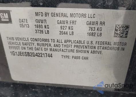 2013 Chevrolet Sonic Ltz Auto from USA, damaged, VIN 1G1JE6SB2D4221744